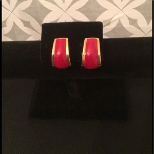 Red Enamel Clip On Earrings w Gold Tone Trim
